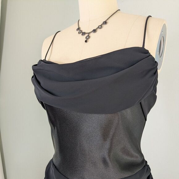 Cache Prom Dress Maxi Gown 12 Black Satin Glam Vintage 90s Y2K Cowl Fairy Goth - Picture 2 of 10